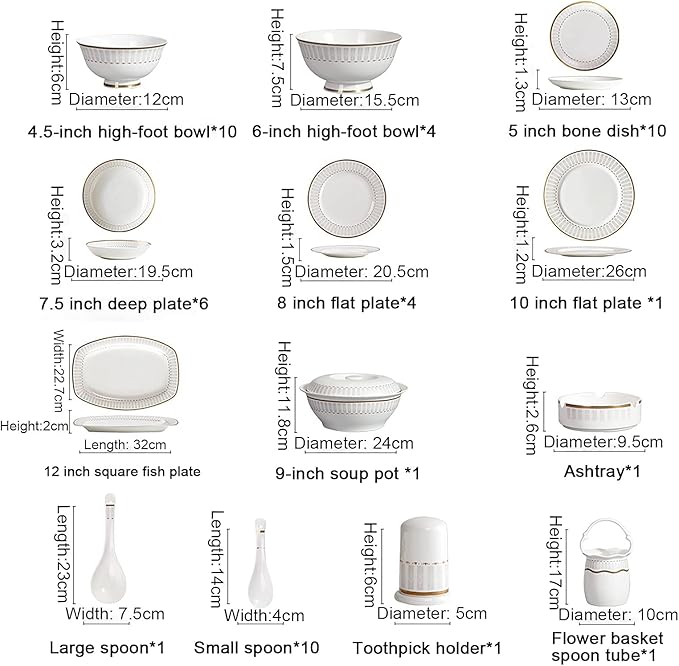 50 Pieces Dinner Set, White Porcelain Bone China Tableware Set with Round Dessert Plates Soup Plates Dinner Plates Bowls Dishes Soup Pot Service for 10 People with Gold Rim