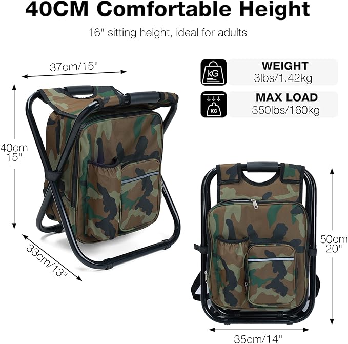 Portable Backpack Stool Cooler Chair for Adults, Folding Large 3 in 1 Multifunction Insulated Camping Seat Backpack Cooler Chair Heavy Duty 350lbs for Fishing Hunting, Camouflage
