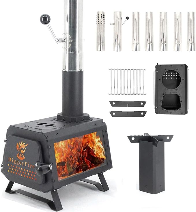 Portable Wood Burning Stove,Hot Tent Stove with Fire Viewing Window,7 Section Stainless Steel Chimney,X-shaped Pot Holder,Wood Stove for Outdoor Camping Heating and Cooking (11 * 9 * 8in)
