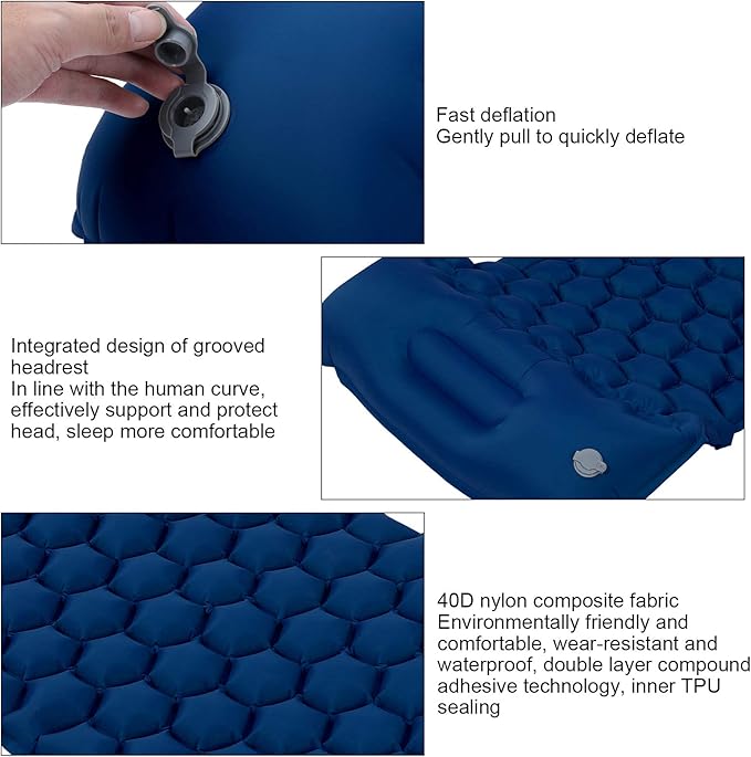 Camping Sleeping Pad Mat | 40D Nylon Fabric & TPU Laminate | Inflatable Cushion Mattress for Tent/Hiking/Travel | 2 - Way Valve, 700g Lightweight (Navy Blue)