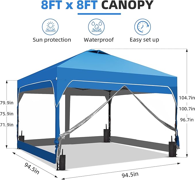GDY 8x8FT Outdoor Pop Up Canopy Tent with One Push Setup, Easy Setup Gazebo with 4 PVC Transparent Sidewalls for Patio, Parties, Camping, Blue.
