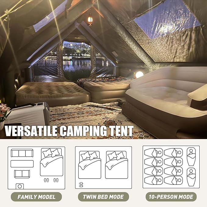 Inflatable Camping Tents 8-10 Person,129 Square Feets Large Inflatable Camping Tent with Stove Jack,Blow up Tent with Mesh Windows & Pump