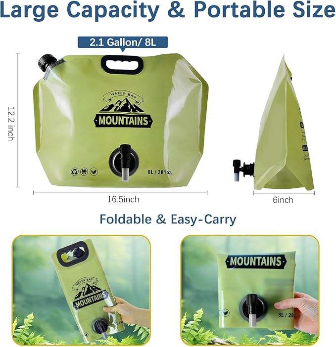 Water Jug Camping 2.1 Gallon Collapsible with Spigot, BPA Free Portable Water Pouch Foldable Water Bags for Outdoor Hiking, Travel and Emergency & Water Storage Containers (Green_Blue-2Pcs)