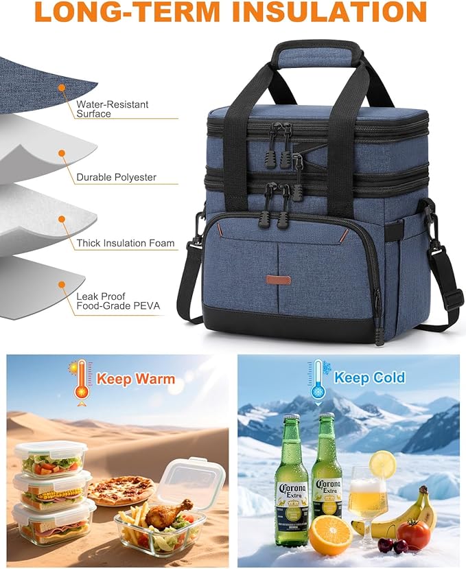 Lunch Box For Men Women Double Deck Insulated Lunch Bag For Men Woman Leakproof Expandable Cooler Bag with Adjustable Shoulder Strap for Work Picnic School(Blue,Medium)