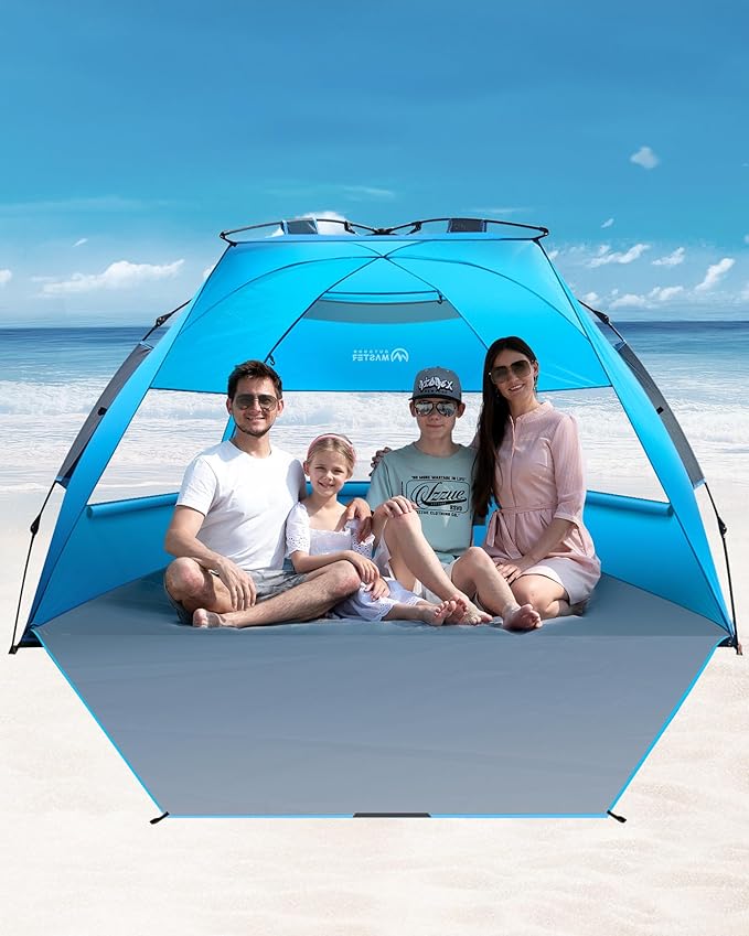 OutdoorMaster Beach Tent Sun Shelter for 3-4 Person, Pop Up Beach Tent Easy Setup with Sandbags, Portable Sun Shade Canopy with Carrying Bag for Beach & Outdoor, UPF50+ UV Protection, Family Size