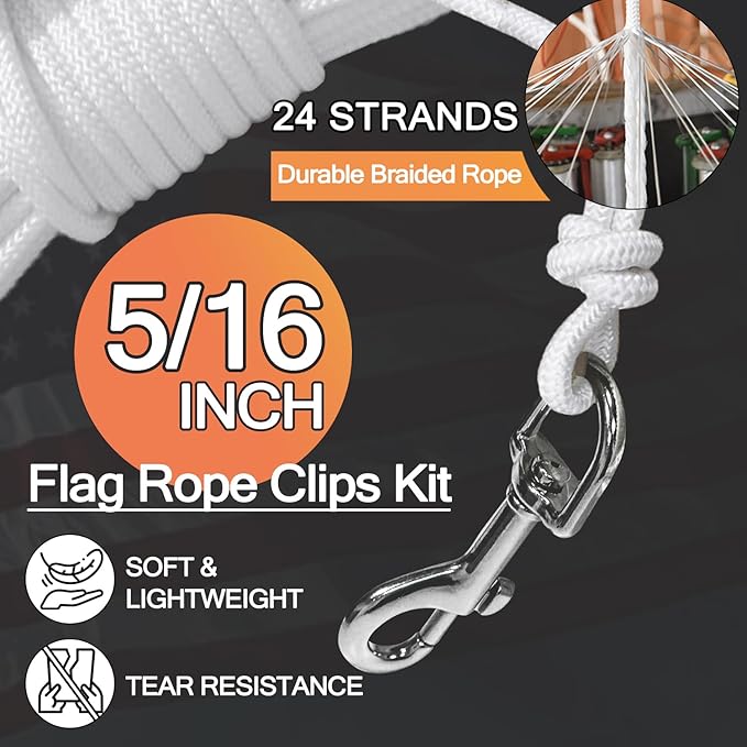 Upgraded Flag Pole Rope Clips Kit 100Ft,5/16” Flag Halyard Rope with Sturdy Swivel Snap Hooks,Heavy Duty Utility Rope for Pet Camping Tent Hardware Accessories Flagpole Line Replacement Set (100ft)