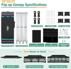 COBIZI 10x30 Canopy Tent, Heavy Duty Pop up Canopy with Sidewalls, Waterproof Easy Setup Canopy with Mosquito Netting, Outdoor Instant Screen Tents for Parties, Wedding with Roller Bag, Black