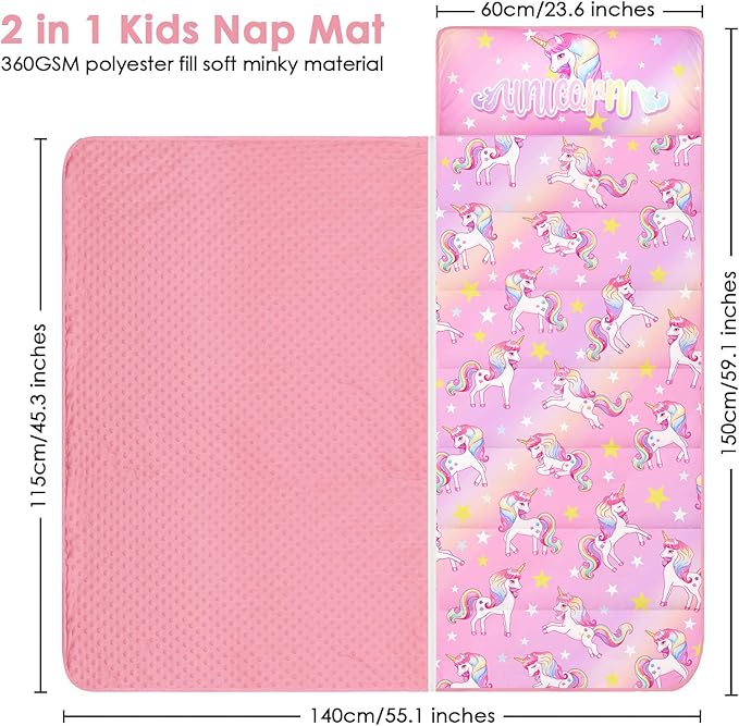 Kids Nap Mat Portable Slumber Bags with Removable Pillow and Blanket for Girls Boys, Lightweight Extra Large Sleeping Bag for Preschool Camping Daycare