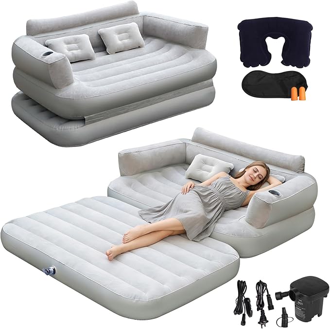Full Size Inflatable Sofa Bed with Air Pump,2-in-1 Blow-Up Couch and Folding Air Mattress Bed for Home,Camping,and Guests