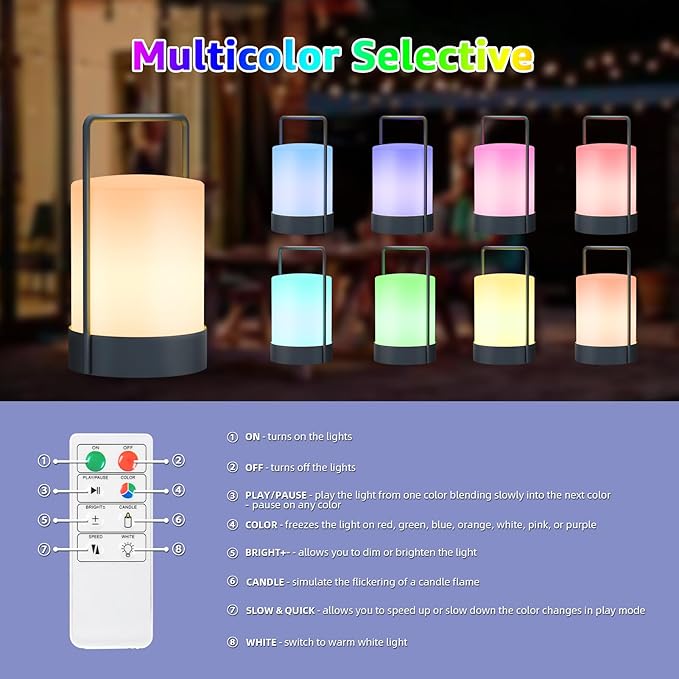 FUYO Outdoor Table Lamp Lantern Shower Lamp Cordless LED Portable with Warm White RGB Colour IP44 Rainproof, with Handle, PE & Metal for Balcony Patio Garden Camping Bathroom