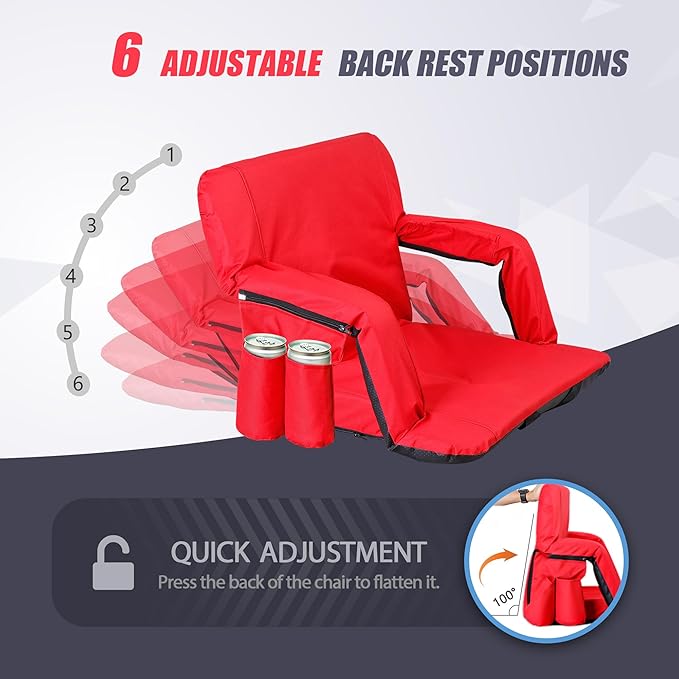 Wide Stadium Seat for Bleachers with Back Support -2 Pack Reclining Adults Camping Stadium Chair Extra Thick Cushion Bleacher Seats Waterproof Black