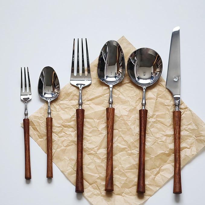 36 Piece Silverware Set Service for 6,Imitation Wooden Handle Steel Flatware Set Vintage Embossed Cutlery Utensil Set Home Kitchen Eating Tableware Set Include Fork Knife Spoon Set Dishwasher Safe