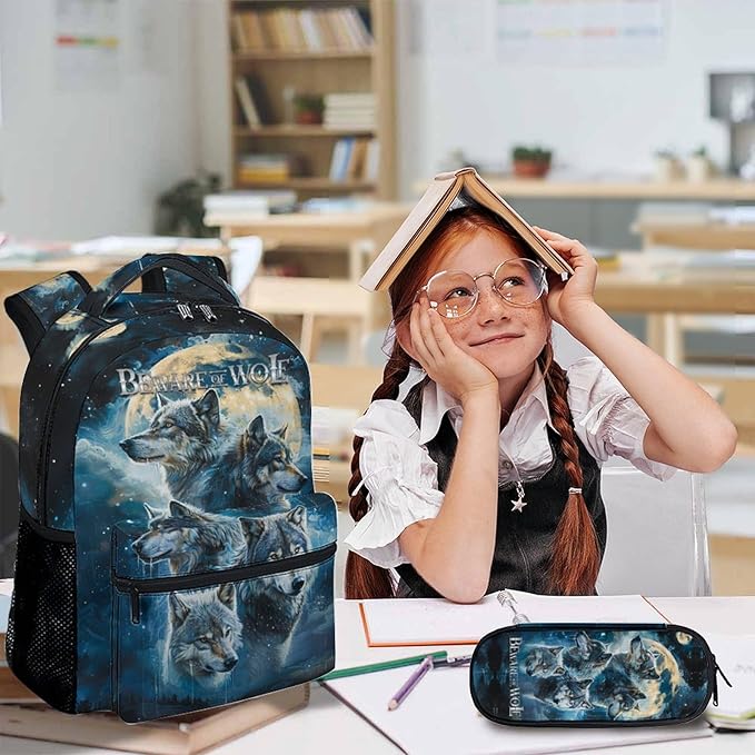 Kids School Backpacks, Cool Wolf Schoolbag, 3 Pcs Preschool Elementary Kindergarten Backpacks, 17 Inch Bookbags for Kids 2nd 3rd Grade, Animal Bookbag for School Travel Hiking Picnic