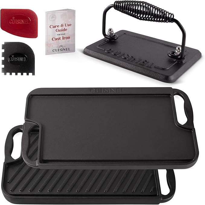 Cuisinel Cast Iron Griddle/Grill + Burger Press + Pan Scrapers - Reversible Pre-Seasoned 16.75" X 9.5"-inch Dual Handle Flat Skillet and Griller Pan + Cleaning Accessories - Indoor/Outdoor Stove Safe