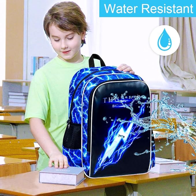 17" Backpack for Boy, 3Pcs Lightning Bookbag for Elementary Preschool Kindergarten, Kids School Backpacks with Lunch Box (Blue)