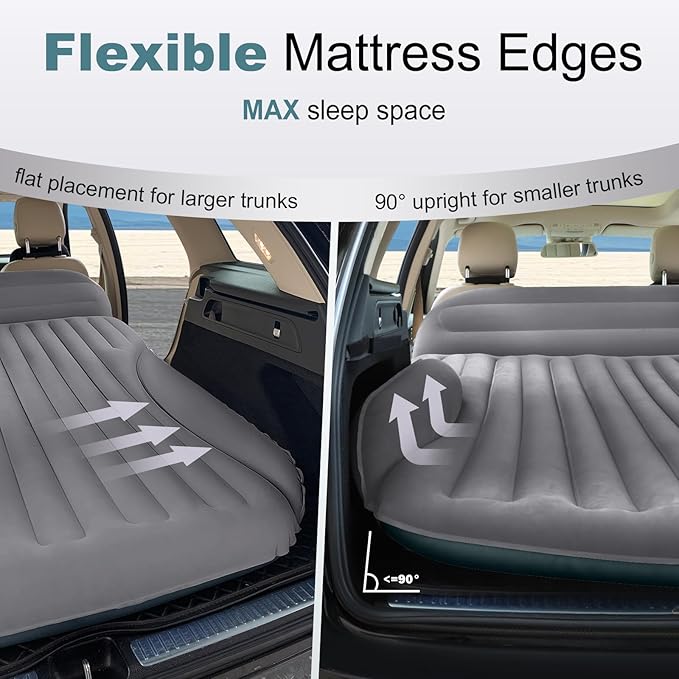 SUV Air Mattress, Double-Sided Thick Flocked Car Air Mattress with Built-in Pump & Pillow, Complete Sleeping Accessories for Auto Camping & Road Trips（Light Grey）