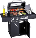 4 Burners Propane Gas Grill with Visual Glass, 50,000 BTU Propane Grill with Side Burner, Double-Layer Lid, Stainless Steel Grate,Outdoor Cook BBQ Grill for Patio, Camping, Backyard