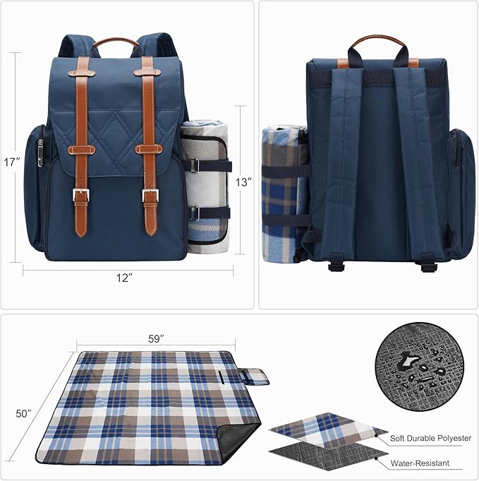 Picnic Backpack for 2 Person with Large Insulated Cooler Bag, Picnic Basket Set with Wine Pouch, Waterproof Picnic Blanket & Cutlery Set. Perfect for, Camping, Party,Wedding Gift for Couple,Blue