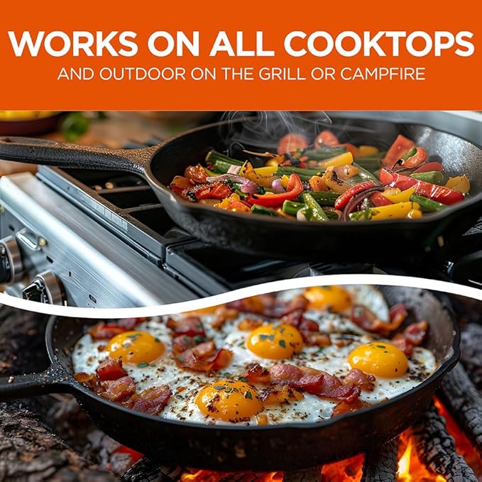Commercial CHEF 10.25-Inch Cast Iron Skillet, Pre-Seasoned Cast Iron, Integrated Hanging Hole in Handle, Works on All Cooktops Including Induction, Outdoor Skillet for Campfires or Grills, CHFS1025