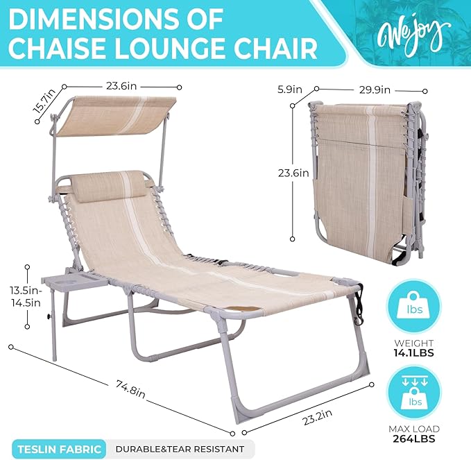 #WEJOY Tanning Chair with Face Hole & Canopy & Side Table, 5 Positions Adjustable Sunbathing Lounge Chair Facedown Chaise Lounge with Pillow Quick Dry for Beach Pool Outdoor Camping Patio,Khaki