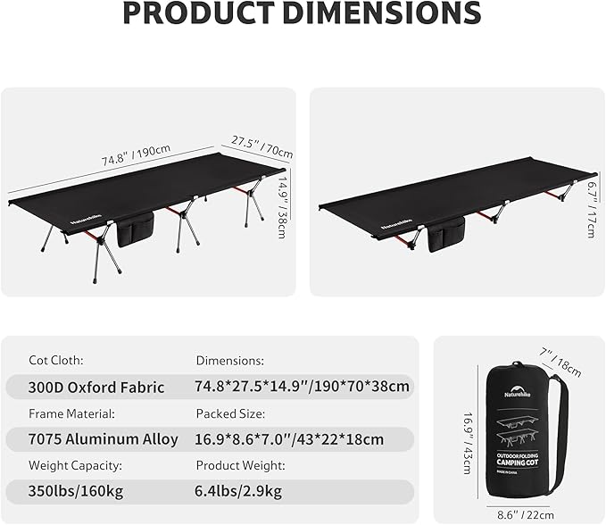 Naturehike ArmyWild Folding Camping Cot, Height Adjustable Ultralight Backpacking Cot, Portable Camping Bed for Camping Hiking Travel Home