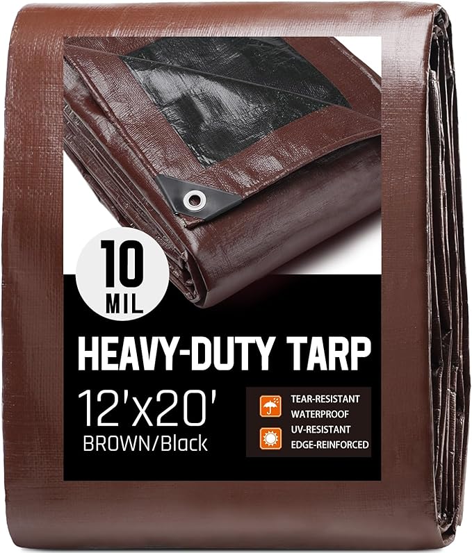 12 x 20 FT Waterproof Heavy Duty Tarp, 10 Mil Thick, Outdoor Furniture Covers, Plastic Insulated Tarpaulin for Camping Tent Roof Boat Patio Pool Cover, Large & Small Multi-Size Tarps, Brown/Black