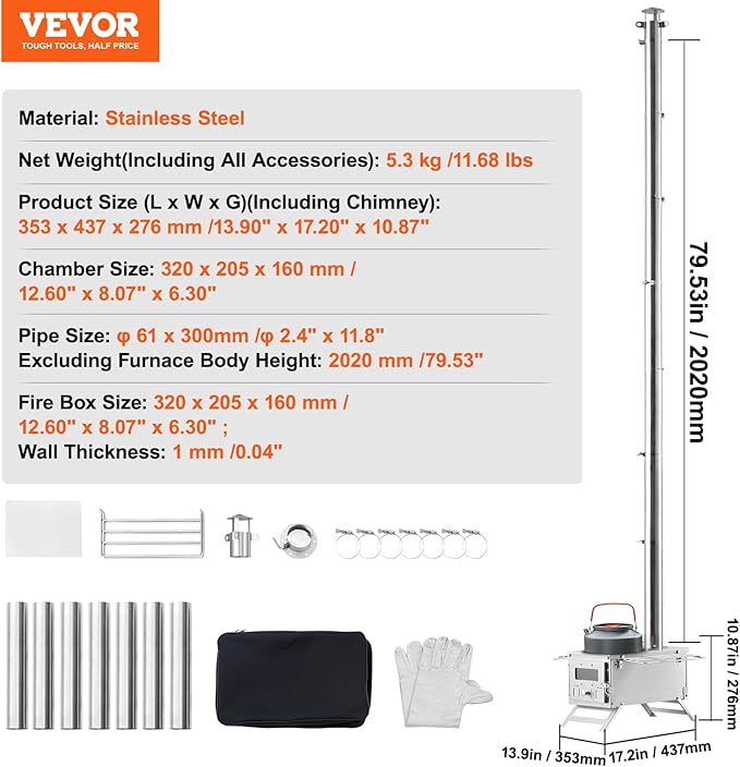 VEVOR Camping Wood Stove Stainless Steel Camping Tent Stove, Portable Wood Burning Stove with Chimney Pipes & Gloves, 640in³Firebox Hot Tent Stove for Outdoor Cooking and Heating with 8 Pipes