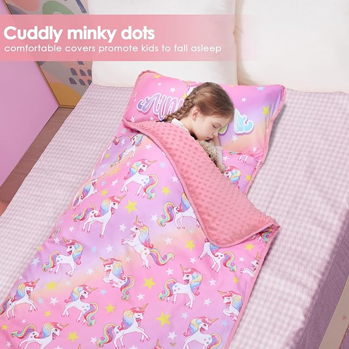 Kids Nap Mat Portable Slumber Bags with Removable Pillow and Blanket for Girls Boys, Lightweight Extra Large Sleeping Bag for Preschool Camping Daycare