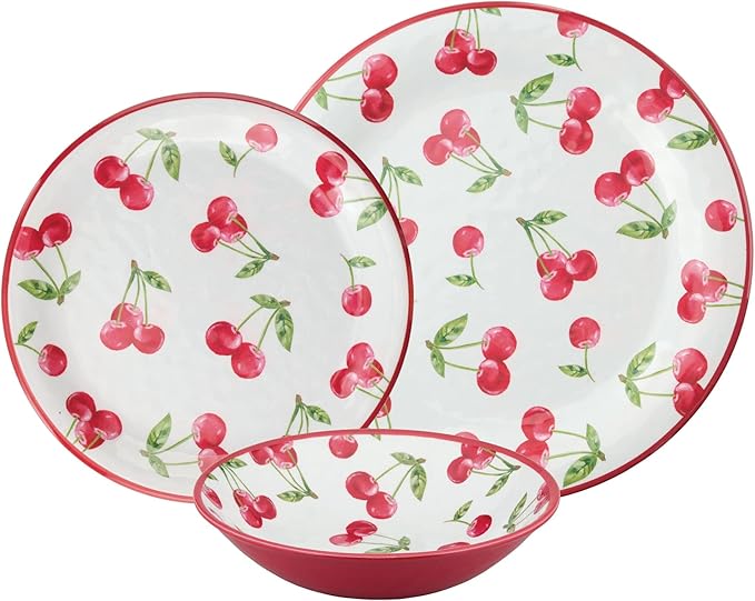 UPware 12 Piece Cherry Melamine Dinnerware Sets, Outdoor Dishes Set, Plates and Bowls Sets, Service for 4, Red