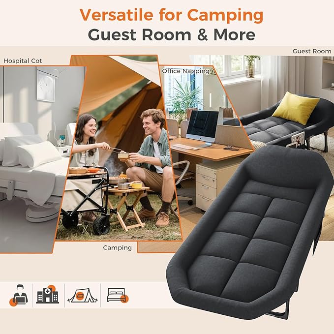 NEWBULIG Foldable Camping Cot for Adults, Sleeping Cots with Mattress, Pillow and Side Pocket, 6-Angle Adjustable Folding Camp Bed, 450lbs Weight Capacity, for Hiking, Traveling, Office Napping, Guest