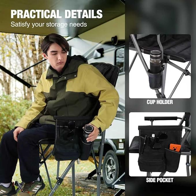REDCAMP Oversized Tall Camping Chair for Adults with Adjustable Backrest 2 Pack, Portable High Folding Directors Chair, Foldable Bar Height Stool with Makeup Pocket for Lawn Sport Face Painting, Black