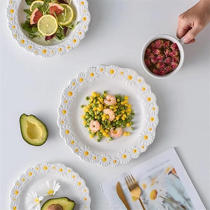 Camping Plates Ceramic Dinner Plate Embossed Dinner Plate Restaurant Western Food Plate Home Kitchen Dessert Plate Tableware Decorative Plate(20cm)