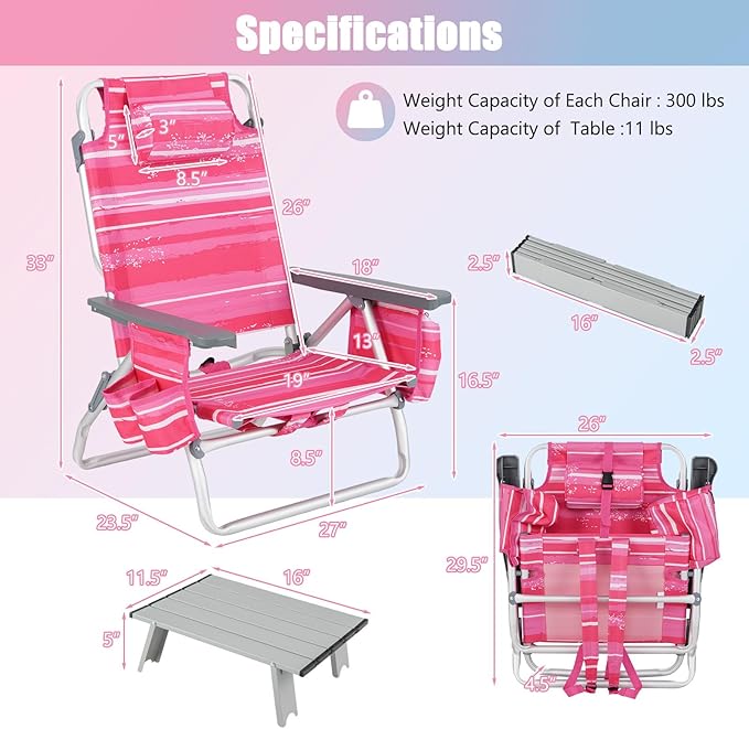GYMAX Beach Chairs, Backpack Camping Chair with Armrest, Cooler Bag, Cup Holder, Towel Bar & Side Pockets, Sunbath Sling Tanning Lounge, Folding Layout Chair (with Table, Pink Stripe)
