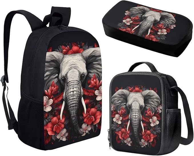 3 Pcs Elephant Red White Plumeria Flowers Print Travel Backpack for Women, Black Bookbag Waterproof School Bag Insulated Lunch Box Aesthetic Cosmetic Makeup Bag Stationery Pouch Bag