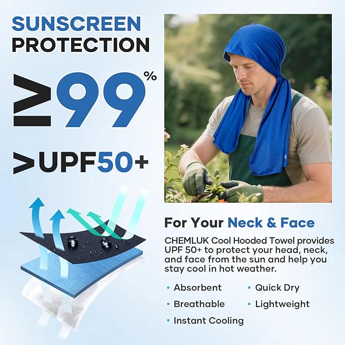 Cooling Hoodie Towel: Cooling Towels for Neck and Face Sun Protection Instant Cool for Hot Weather Hiking Camping Running Golf Gardening Fishing Music Festivals Theme Parks Beach - 4 Packs