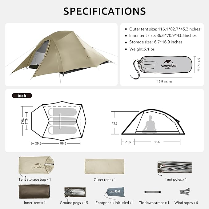 Naturehike Cloud Up 3 Person Backpacking Tent with Footprint - 3 Season Free Standing Lightweight 3 Person Camping Tent | with Footprint, Free Standing, Dome, Camping, Hiking, Waterproof