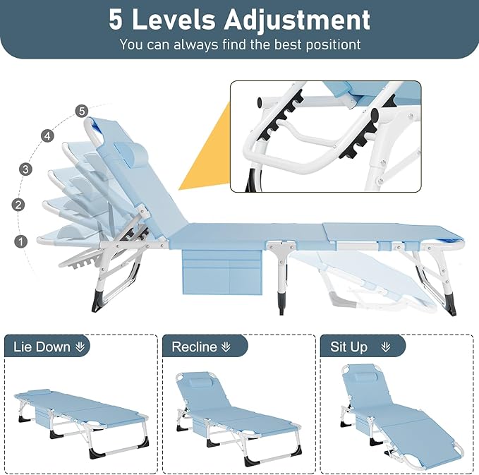 LILYPELLE Folding Chaise Lounge Chair with Mattress, 5 Position Beach Chairs with Face Hole, Patio Chaise Lounge Chair for Outside, Sunbathing, Camping, Pool, Beach, Poolside