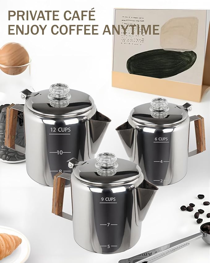 Coffee Maker Coffee Percolator 304 Stainless Steel Pot Stovetop Easy Brewing Even Heating 12 Cup 74.4oz 2200ml Silver Classic Design Heat Resistant Home Camping Outdoor