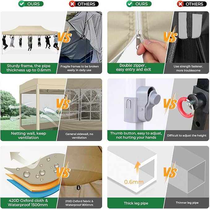 COBIZI 10x20 Heavy Duty Pop Up Canopy with 6 Sidewalls, Commercial Gazebo Party Tent with Mosquito Netting Wall Easy Set Up Outdoor Instant Screen Tent for Backyard, Patio, Garden, Khaki