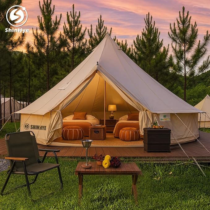Canvas Bell Tent Yurt Tent 4 Seasons for Camping 100% Cotton Glamping Tents with Stove Jack, Family Camping Outdoor Hunting Party