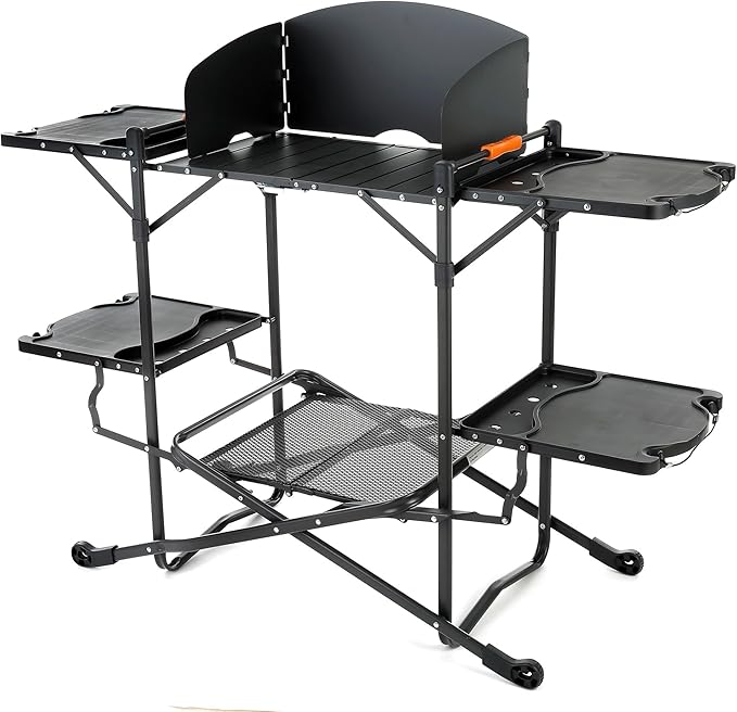 ARROWHEAD OUTDOOR 54" Wide Quick Folding Kitchen Station with Add-on Windscreen, 4 Side Tables, Aluminum Tabletop, Tool-Hanging Cord, 154 LBS Max Weight Load, for Patio BBQ and Camping