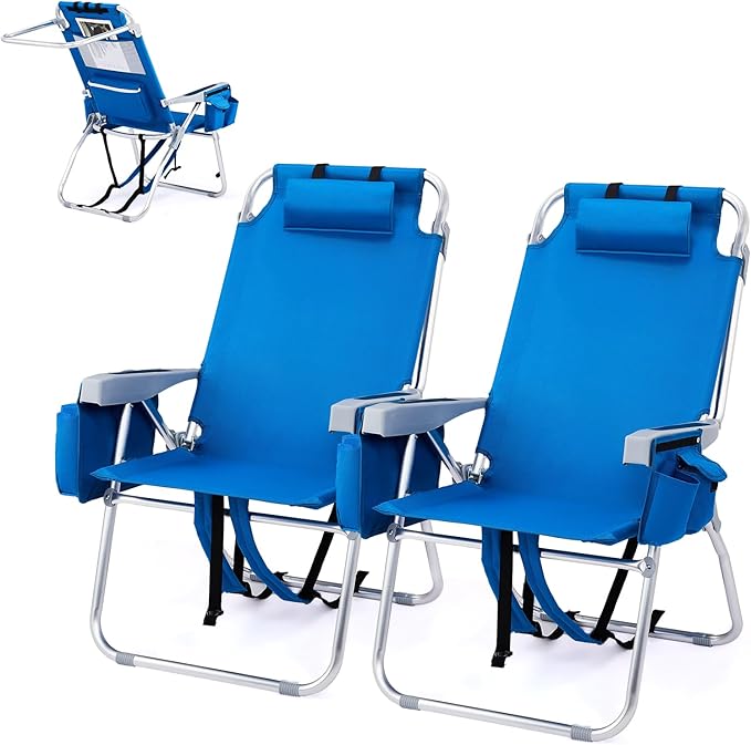 VINGLI Tall Beach Chair 2 Pack Lightweight, Backpack Beach Chair for Adults with 5-Position, Cooler Bag, Cup Holders, Towel Bar, Lightweight Folding Beach Camping Chairs