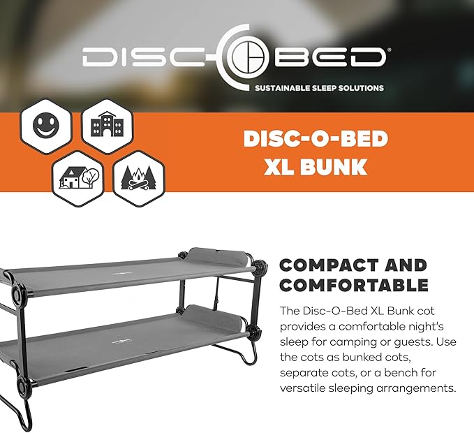Disc-O-Bed XL Outdoor Modular 2 Person Double Camping Cot Portable Bed with 2 Height Options for Adults, Sleep Solution for Tents, Grey