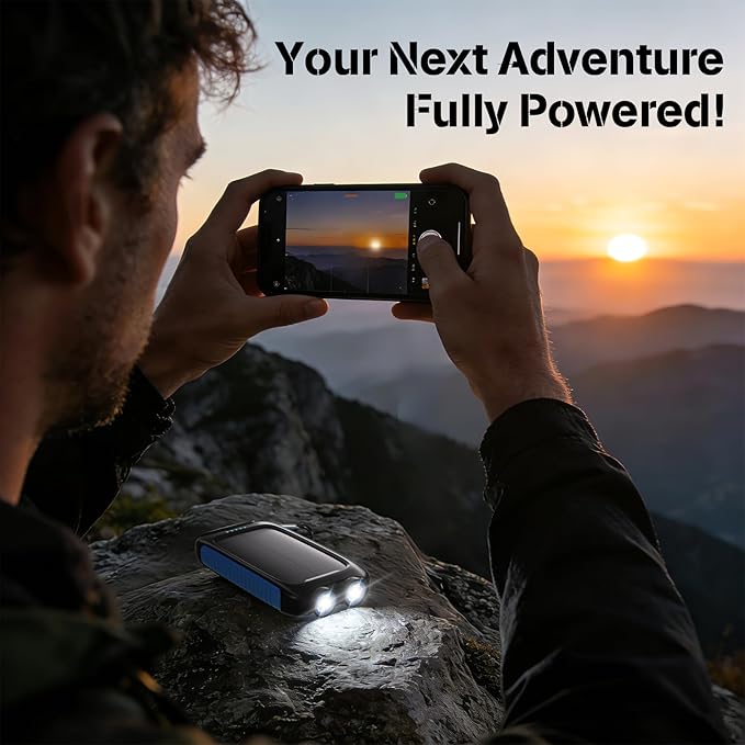 Portable Charger Solar Power Bank 8000mAh with USB-A and USB-C 5V/3A Output Port Blue Battery Pack Compatible with iPhone, Samsung, Waterproof Emergency LED Flashlights Perfect for Camping, Hiking