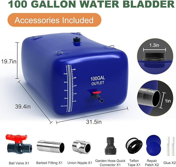 100 Gallon Water Bladder - 1000D PVC Water Storage Tank, Portable RV Collapsible Bladder Containers for Gardens, Camping, Emergency Situations, Blue