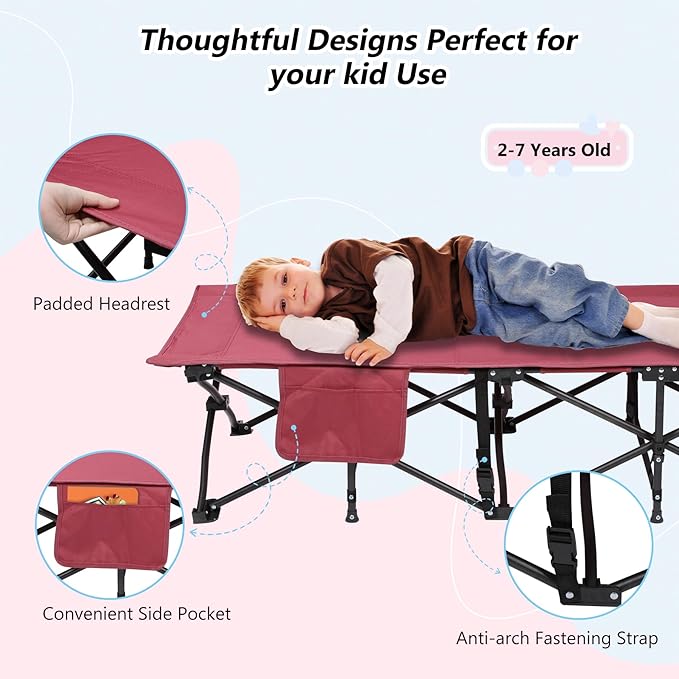 REDCAMP Extra Long Kids Cot for Sleeping 2-7 Years, Portable Travel Toddler Cot Bed with Carry Bag, Lightweight for Outdoor Indoor Home, Wine Red 53''x26''
