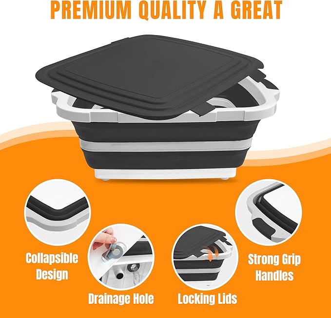 Collapsible BBQ Prep Tub with Cutting Board & Lid, Folding Food Container BPA-Free Heavy-Duty, Dishwasher Safe, Upgraded Drain Hole - for Camping, Grilling Outdoor Cooking (Black, X-Large)