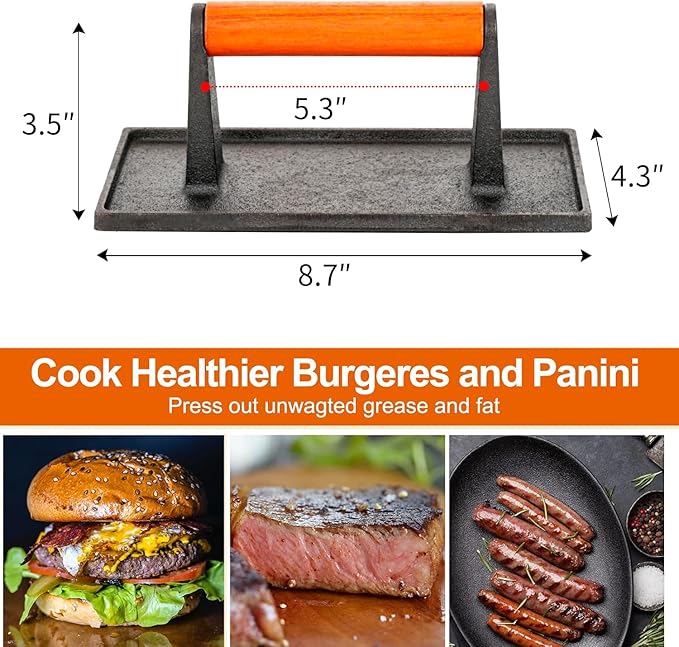 Sungmor Heavy Duty Cast Iron Grill Press, 8.7" x 4.3" Rectangel Burger Press Bacon Smasher with Wood Handle, Meat Steak Weight for Blackstone Grill,Outdoor Griddle, Kitchen Barbecue Press Tool