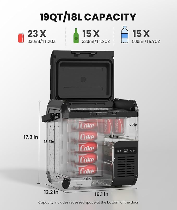 EENOUR D18 12 Volt Car Refrigerator, Portable Freezer 19Qt/18L Battery & Solar Powered Cooler 25W, -4~50℉, 12/24V DC, 110~240V AC, for 1-2 People, Short Trip, Truck (Battery Not Included) Black
