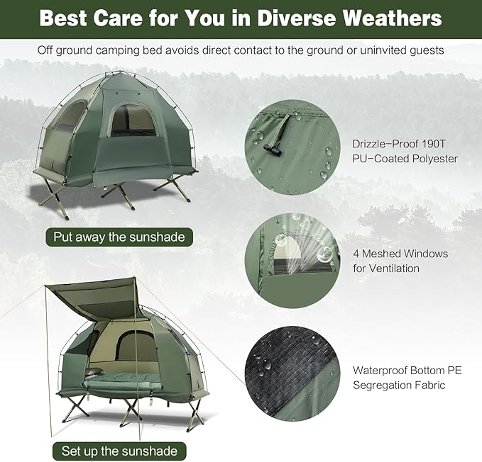 Tangkula 5-in-1 Tent Cot Combo With Awning, Air Mattress, Sleeping Bag, Pillow, Elevated Single Tent With Carrying Bag for Outdoor Camping, Hiking, Picnic, Travel
